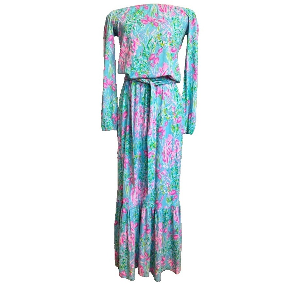 Lilly Pulitzer Odella Off The Shoulders‎ Maxi Dress Size xxs Long Sleeve Tiered